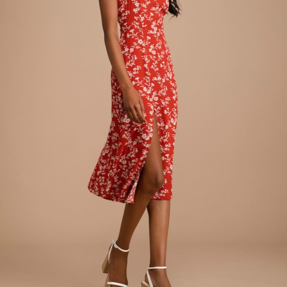 Lulu’s - Garden date red orange floral ruffle midi dress